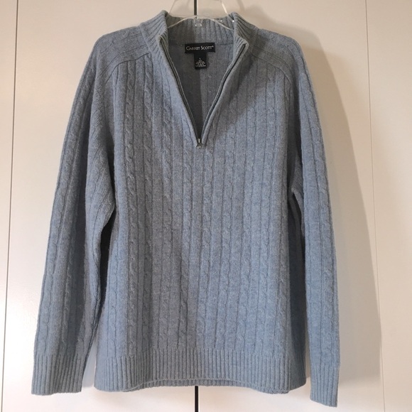 Garret Scott Pure Lambswool Cable Knit 1/4 Zip Up High Neck Light Blue Sweater L - Picture 2 of 14
